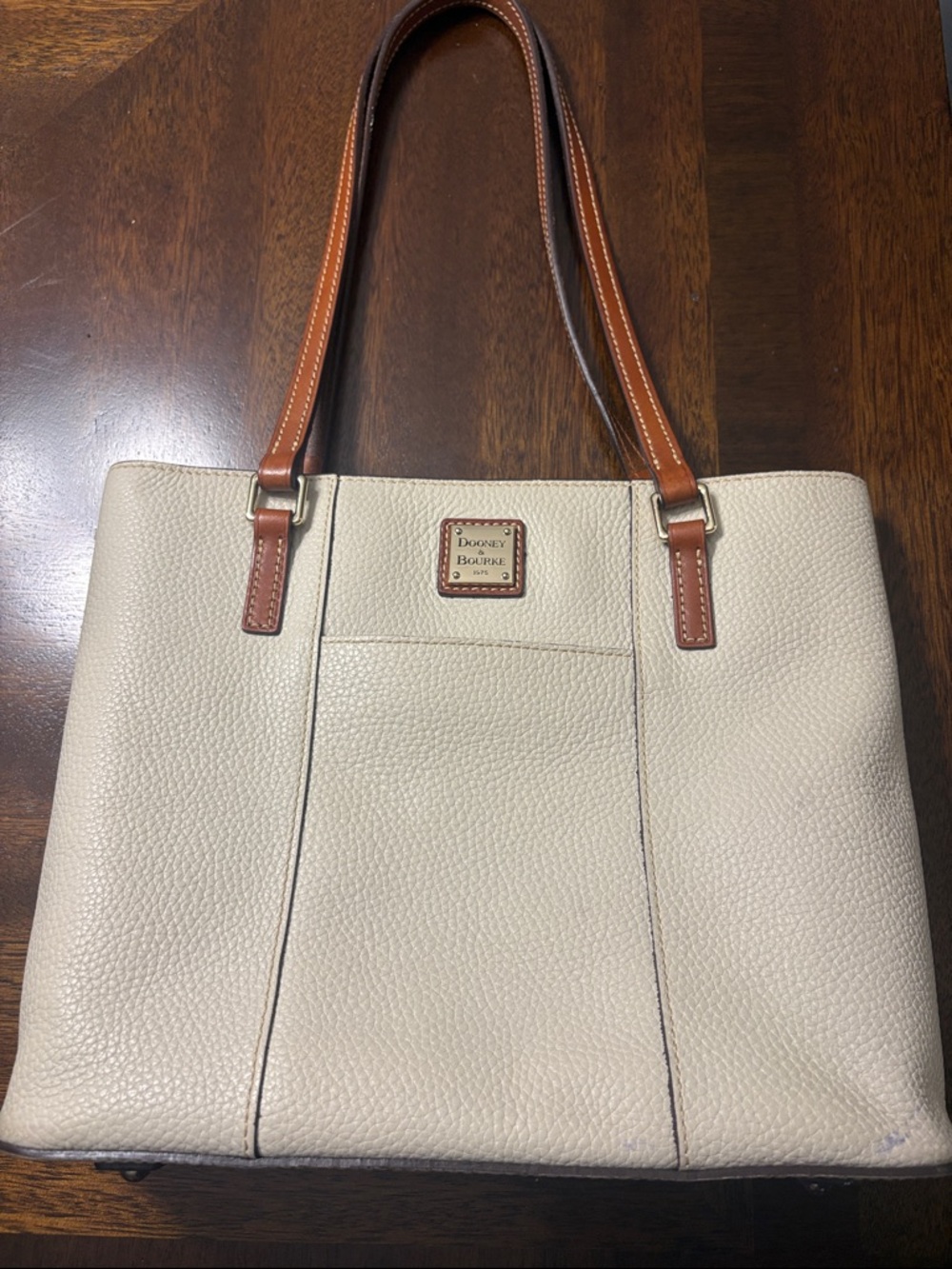 Dooney & Bourke Cream Pebbled Leather Tote with Tan Handles